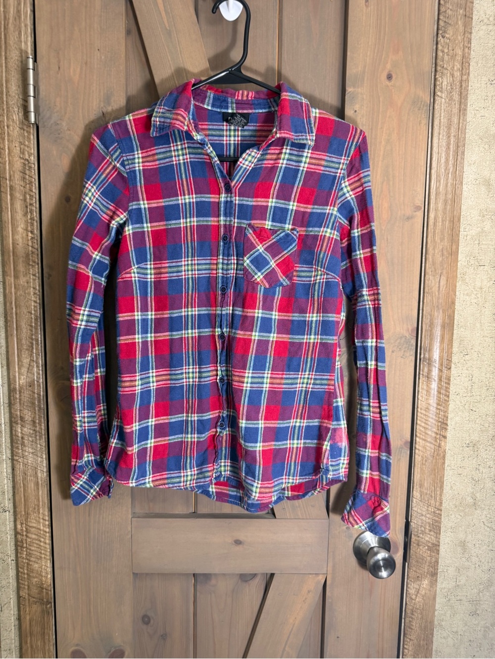 Red and Blue Plaid Button-Up Shirt - Women